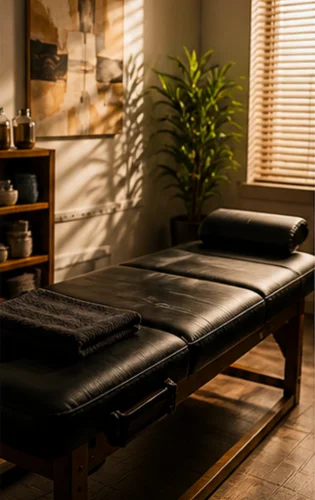 A treatment bed in a warm, softly lit room