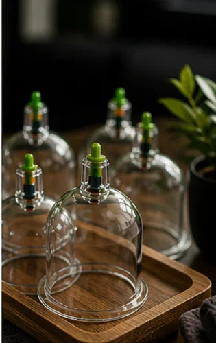 Glass cups on a wooden tray beside a plant