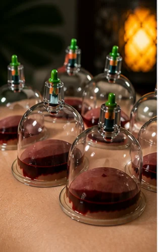 Cups on the back during a wet cupping session