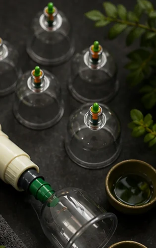Clear cups, a hand pump and a bowl of oil beside a plant